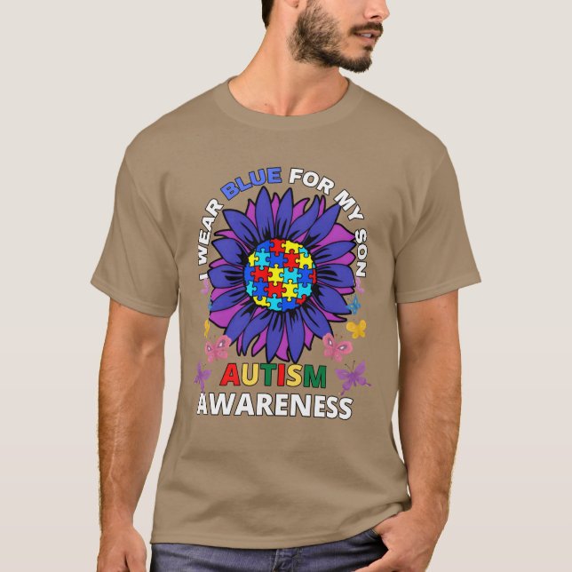 Camiseta sunflower i wear blue for my son autism awareness  (Anverso)