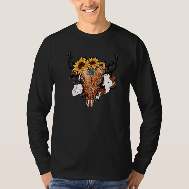 Camiseta Sunflower Turquoise Boho Bull Skull Rodeo Western  (Anverso)