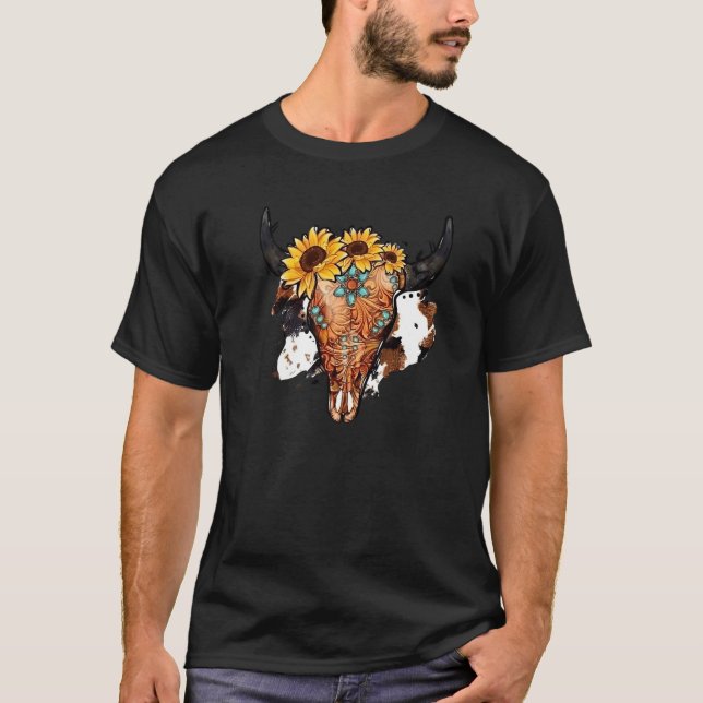 Camiseta Sunflower Turquoise Boho Bull Skull Rodeo Western  (Anverso)