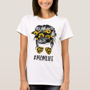 Camiseta Sunflowers Mom Life Mom Skull Bun Hair Gafas de so
