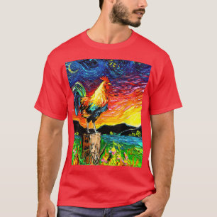Camiseta Sunrise Rooster Starry Night Farm Landscape Art by