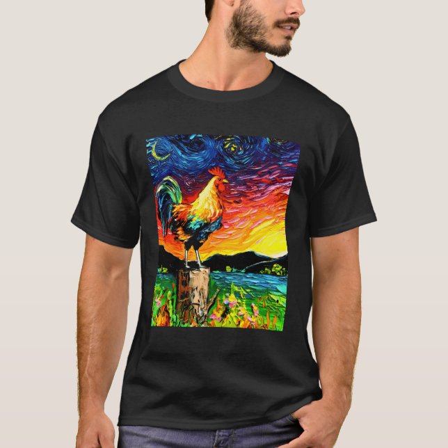 Camiseta Sunrise Rooster Starry Night Farm Landscape By Aja (Anverso)