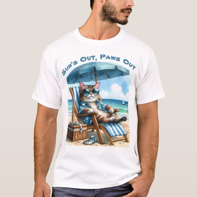 Camiseta Suns Out Paws Out Paws Out Cat Beach Chair Blue Um (Anverso)