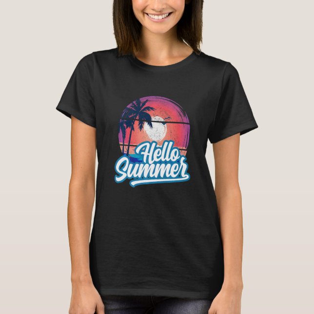 Camiseta Sunset Beach Palm Tree Hello Summer Vacation Holi (Anverso)
