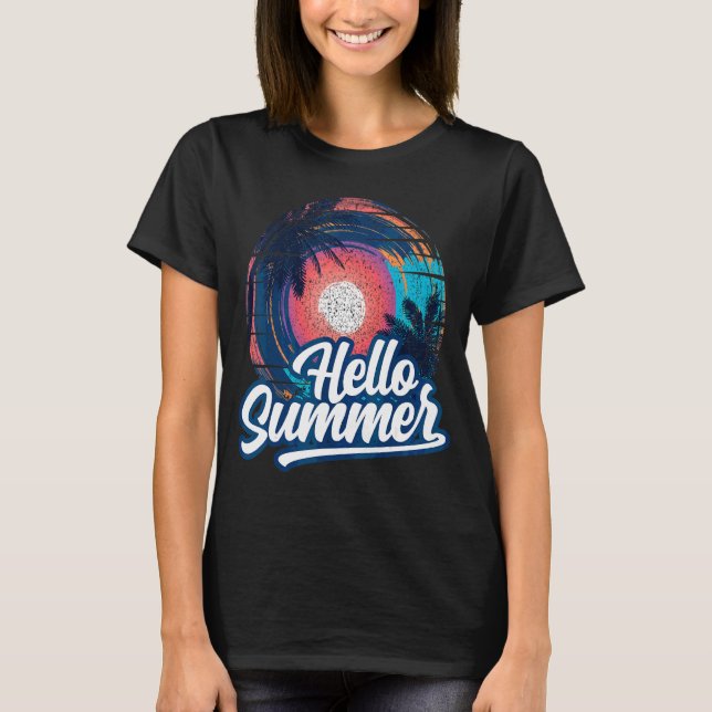 Camiseta Sunset Beach Palm Tree Hello Summer Vacation Holi (Anverso)