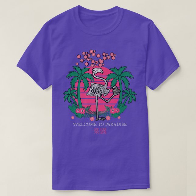 Camiseta Sunset Japan Vaporwave Kanji Skeleton Flamingo Par (Diseño del anverso)