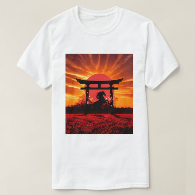 Camiseta Sunset Torii & Horse – Japanese Landscape Art T-sh (Diseño del anverso)