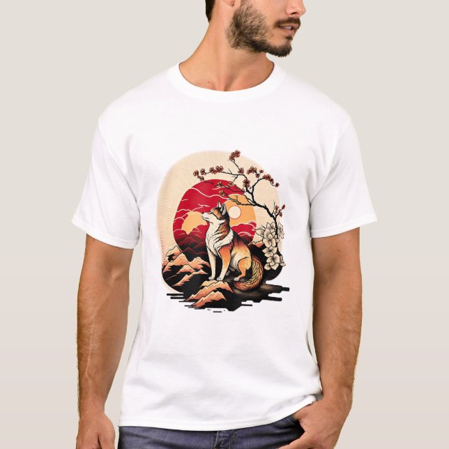 Camiseta Sunset Ukiyo e Style japonés de perros inu shiba (Anverso)
