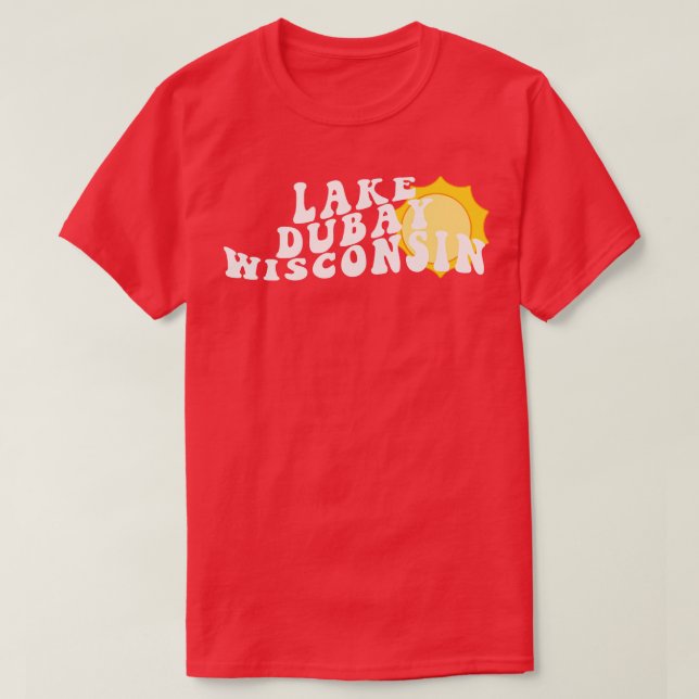 Camiseta Sunshine en el lago Dubay Wisconsin Retro Wavy año (Diseño del anverso)