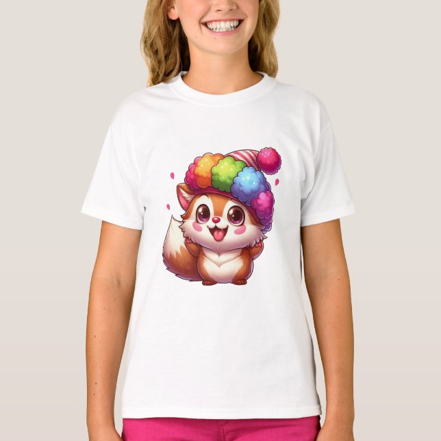 Camiseta Super Cute Fox in Colorful Pom-Pom Hat (Anverso)