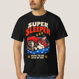 Camiseta Super Durmiente Gato Superhéroe Divertido Salvando