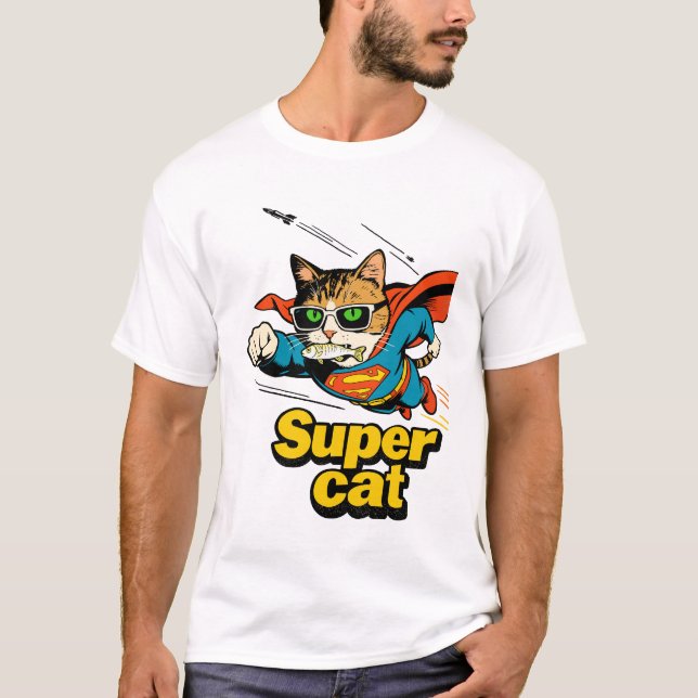 Camiseta Super Gato Vuela con Pescado  (Anverso)
