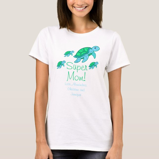 Camiseta "Super Mamá" dulce té tortugas azules de mar de ma (Anverso)