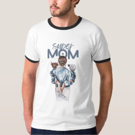 Camiseta Super Mom Blue Watercolor Mother and Children Art