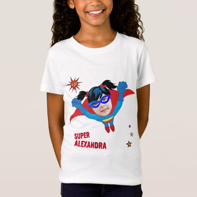 Camiseta Superhéroe chica volando 💥 foto de cumpleaños (Anverso)