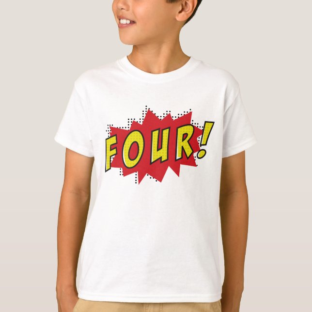 Camiseta Superhéroe de cuatro años, fiestas de cumpleaños (Anverso)