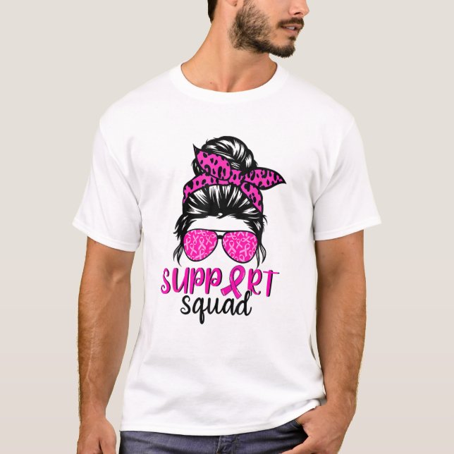 Camiseta Support Squad Messy Bun Leopard Pink Breast Cancer (Anverso)