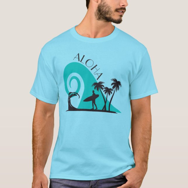 Camiseta ,Surf Aloha moderno y palmeras (Anverso)