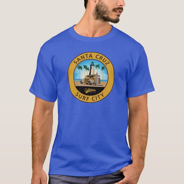 Camiseta Surf City Logo Lighthouse with Woodie Sticker Wood (Anverso)