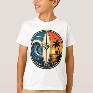 Camiseta Surf • Sol • Mar Insignia Retro de Onda Tropical