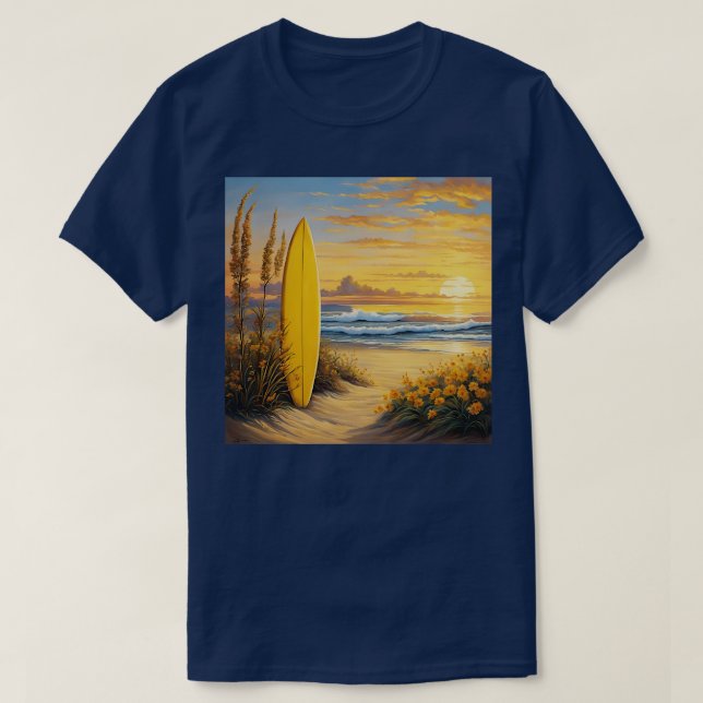 Camiseta Surfboard amarillo en la arena en la playa TShirt (Diseño del anverso)