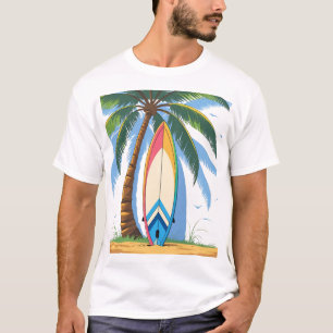 Camiseta Surfboard apoyado en una palmera en verano