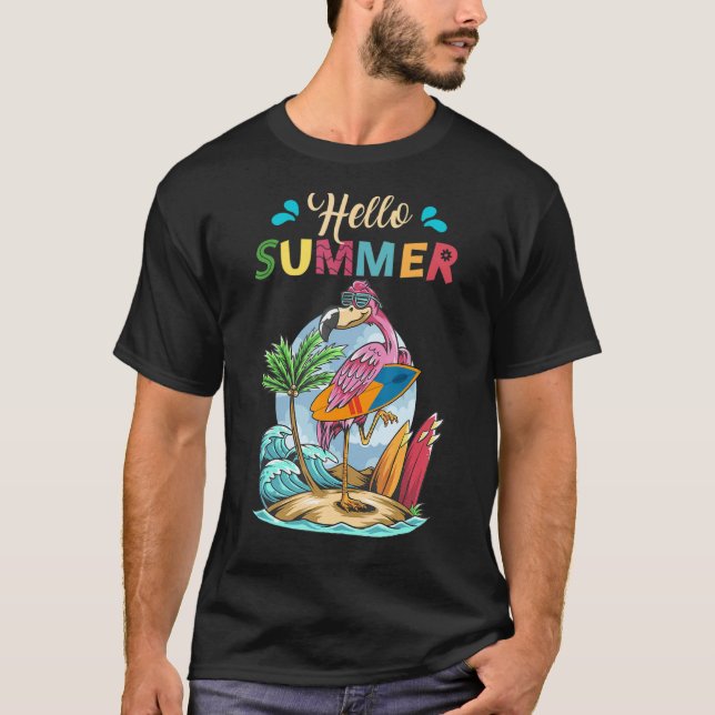 Camiseta Surfboard Hello Summer Flamingo Beach Summer Vaca (Anverso)