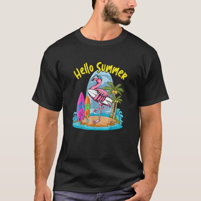 Camiseta Surfboard Hello Summer Flamingo Beach Summer Vaca (Anverso)