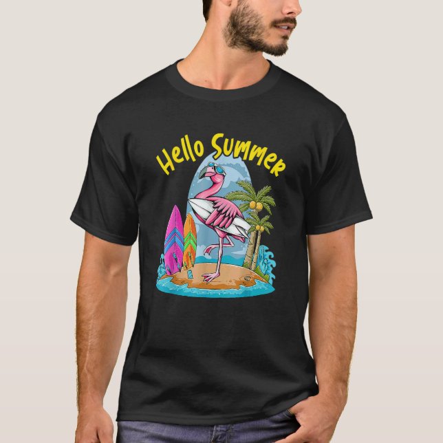 Camiseta Surfboard Hello Summer Flamingo Beach Summer Vaca (Anverso)