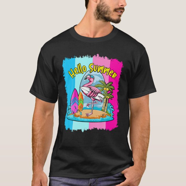 Camiseta Surfboard Hello Summer Flamingo Funny Beach Summer (Anverso)
