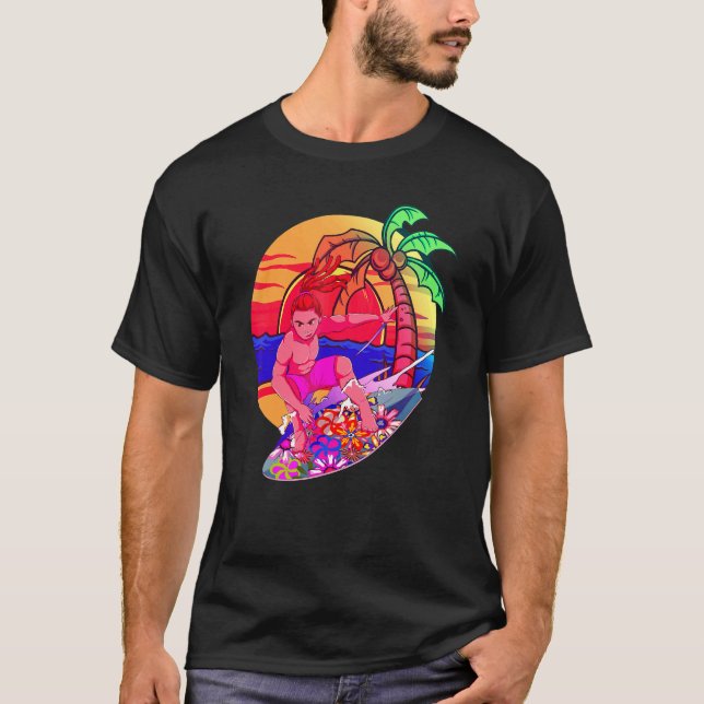Camiseta Surfer 90 Synthwave Sunset Palm Trees Surfing Vap (Anverso)