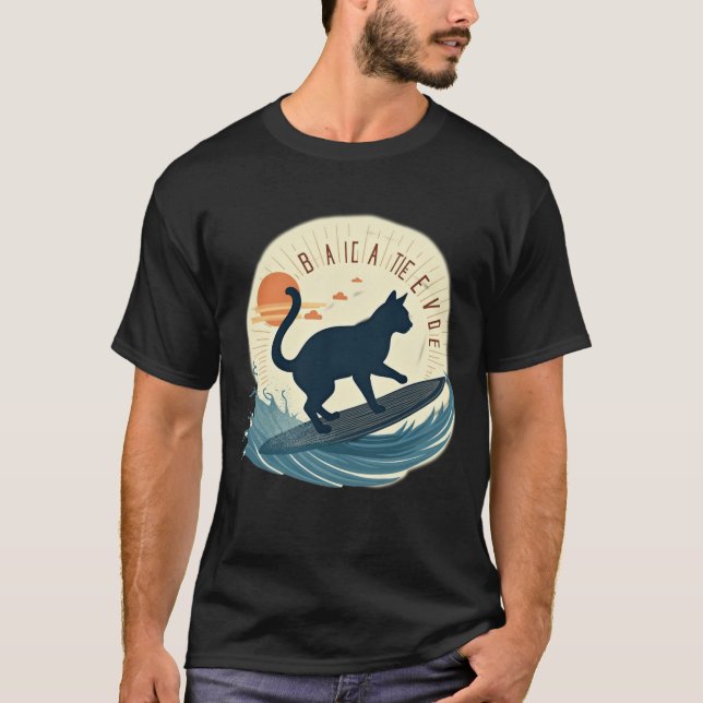 Camiseta Surfer Cat Silhouette Abstract Retro Beach Waves (Anverso)