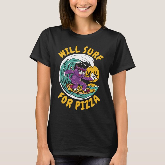 Camiseta Surfer Cat Waves Surfrider Surfboard Pizza Surfin (Anverso)