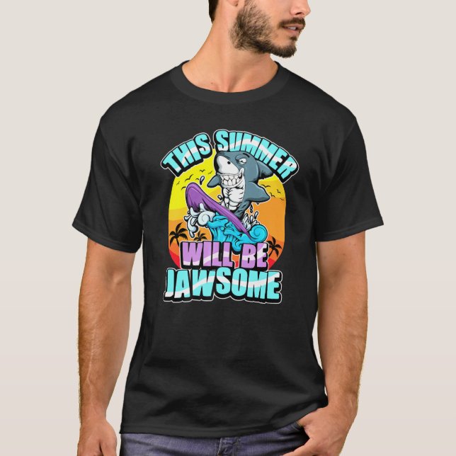 Camiseta Surfer Shark Beach Surfing Summer Waves Jawsome (Anverso)