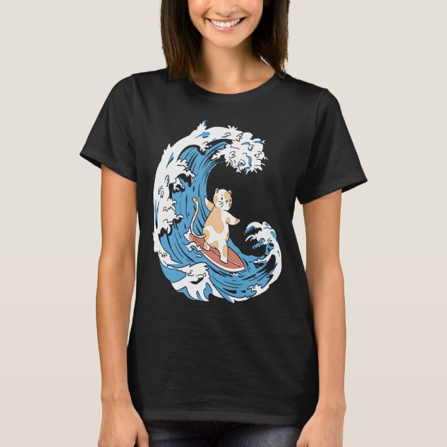 Camiseta Surfer Waves Surfboard Surfrider Cat Surfing (Anverso)