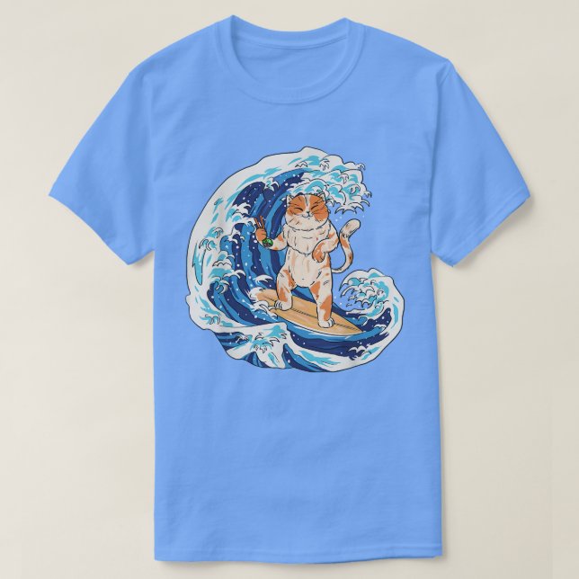Camiseta Surfing cat and eating sushi , funny cat  (Diseño del anverso)