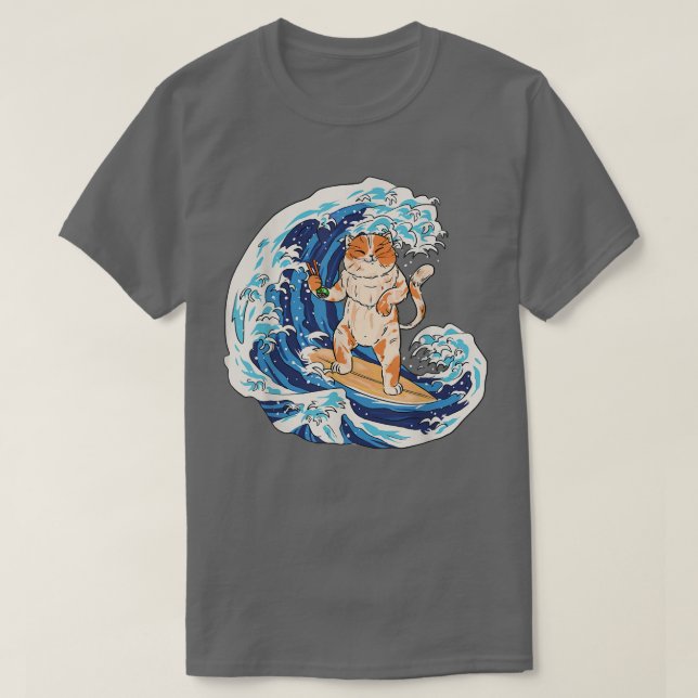 Camiseta Surfing cat and eating sushi , funny cat 1064 (Diseño del anverso)