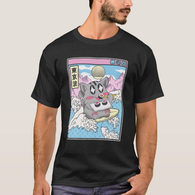 Camiseta Surfing Cat Comer sushi onda japonesa vaporwave K (Anverso)