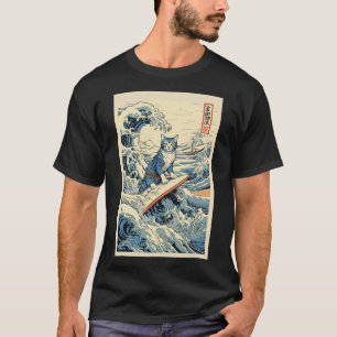 Camiseta Surfing Cat Hokusai Great Wave Off Kanagawa Japane