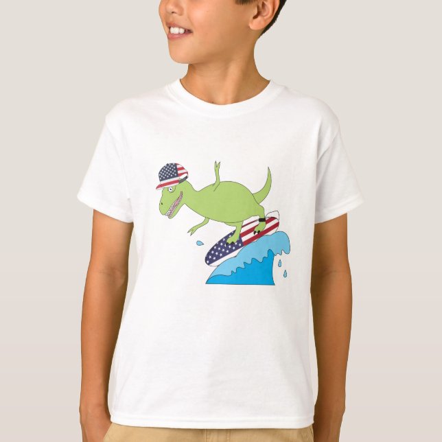 Camiseta Surfing de la Bandera Americana de Dinosaurios (Anverso)