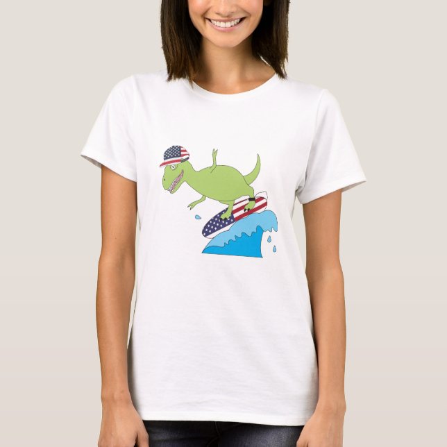 Camiseta Surfing de la Bandera Americana de Dinosaurios (Anverso)