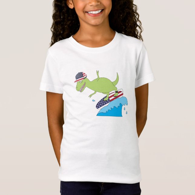 Camiseta Surfing de la Bandera Americana de Dinosaurios (Anverso)