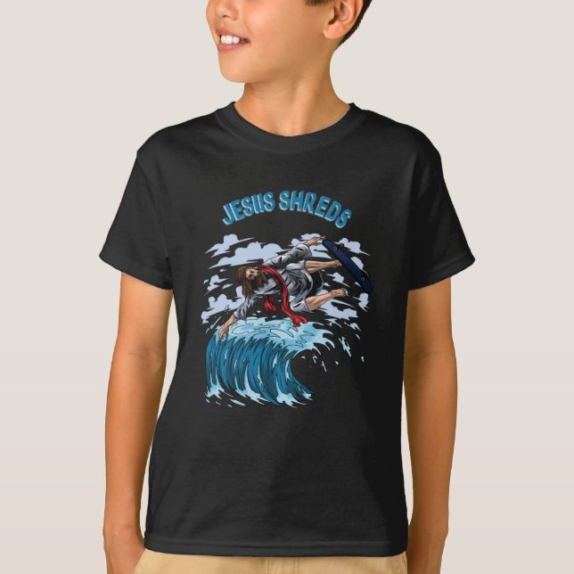 Camiseta Surfing Jesus Shreds para Surfistas Skateboarder (Anverso)