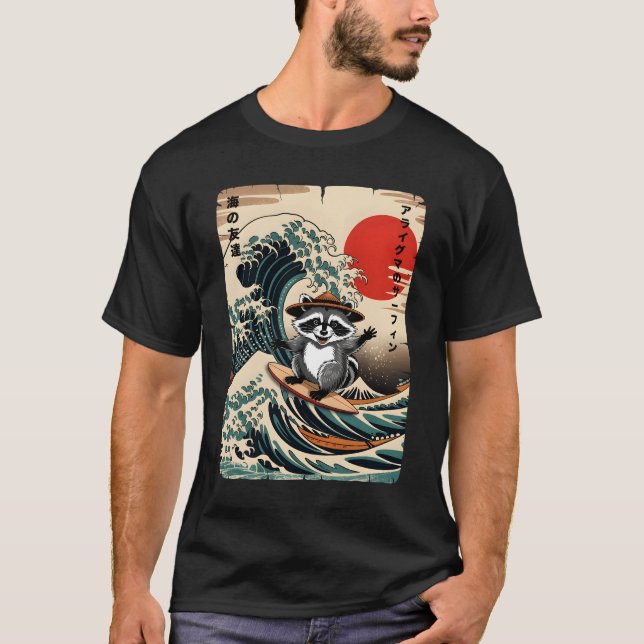 Camiseta Surfing Raccoon Kawaii Anime Great Wave Surfing Ja (Anverso)