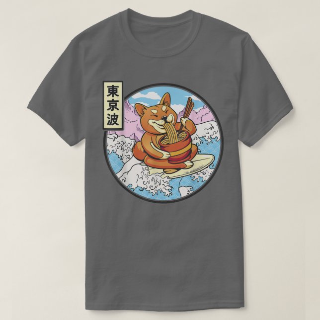Camiseta Surfing Shiba Inu comiendo Ramen Japón Waves Kawai (Diseño del anverso)