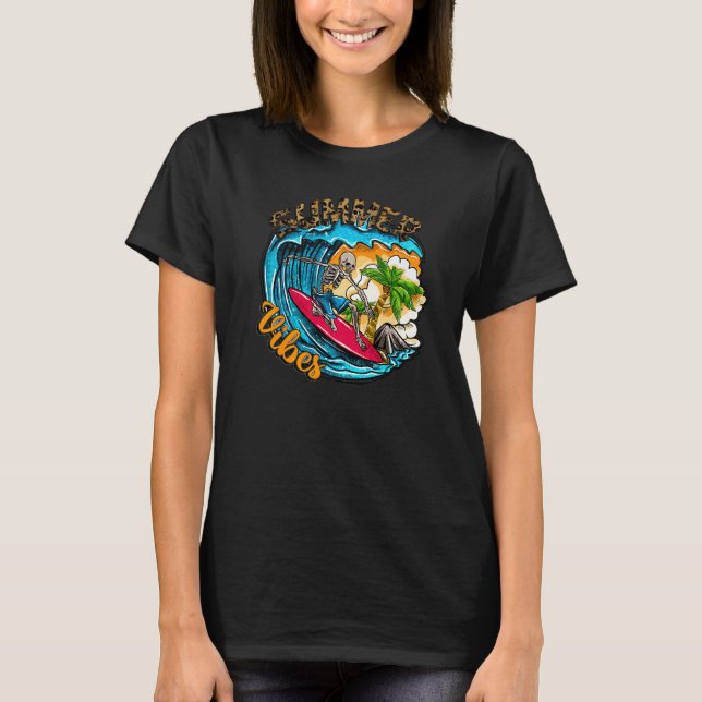 Camiseta Surfing Skeleton Summer Vibes Beach Waves Sunset S (Anverso)