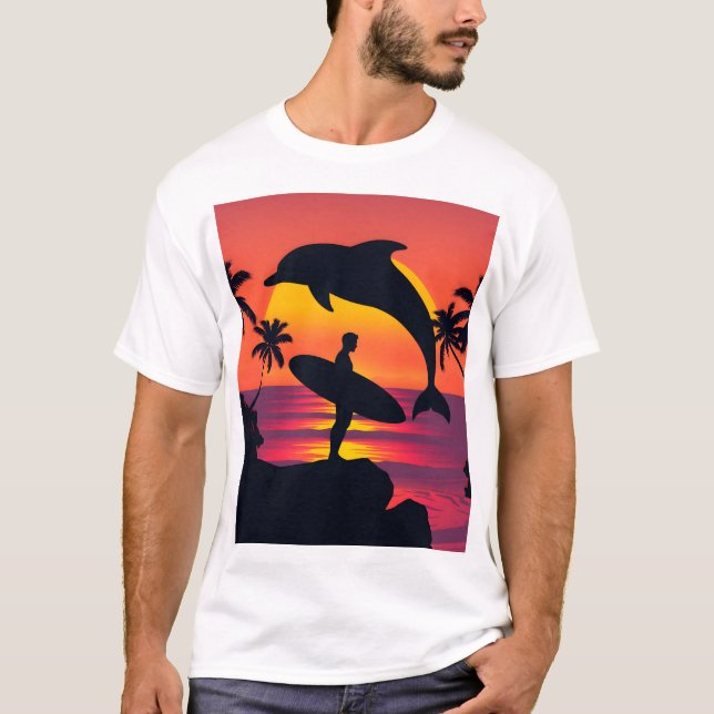 Camiseta Surfista del atardecer y playa tropical de Silueta (Anverso)