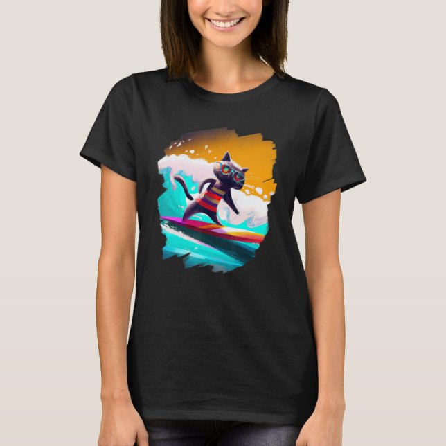 Camiseta Surfista del Cat Surfing Riendo Wave Ocean Artisti (Anverso)