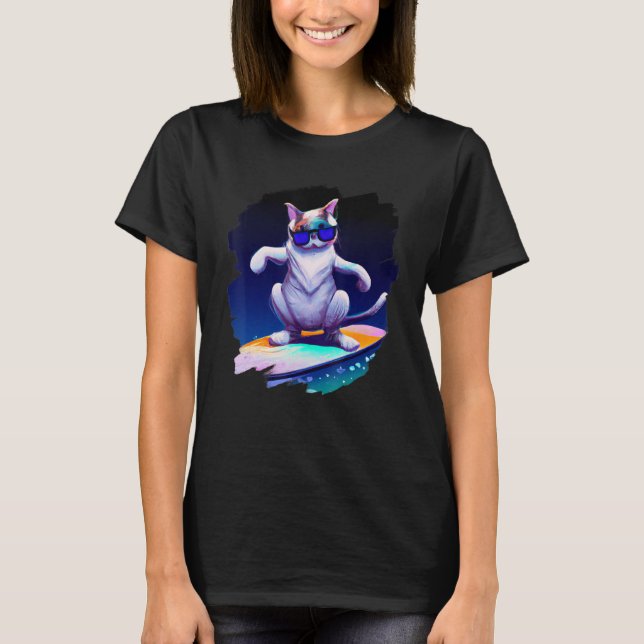 Camiseta Surfista del Cat Surfing Riendo Wave Ocean Artisti (Anverso)