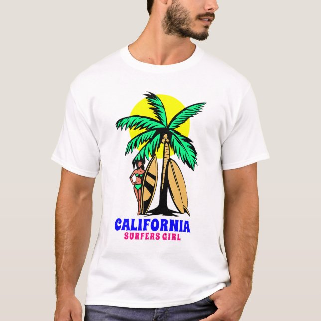 Camiseta Surfistas chicas en la playa de california (Anverso)
